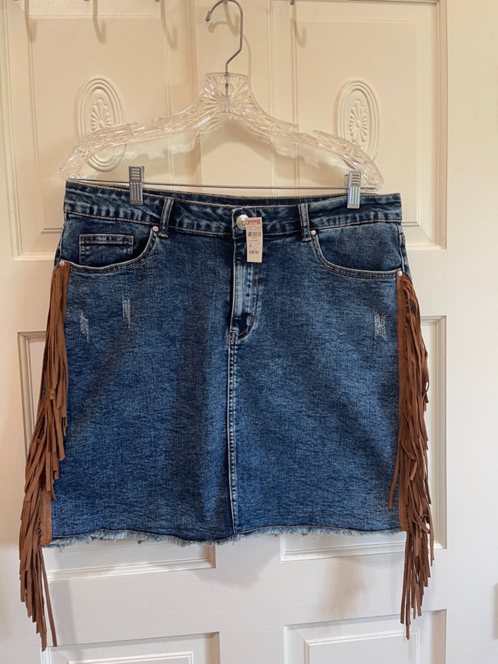 Fringe-Trim Denim Mini Skirt - Blue with Brown Fringe